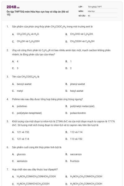 Ôn tập THPTGQ môn Hóa Học cực hay có đáp án (Đề số 15)
