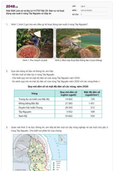 Giải SGK Lịch sử và Địa Lý 4 CTST Bài 20: Dân cư và hoạt động sản xuất ở vùng Tây Nguyên có đáp án