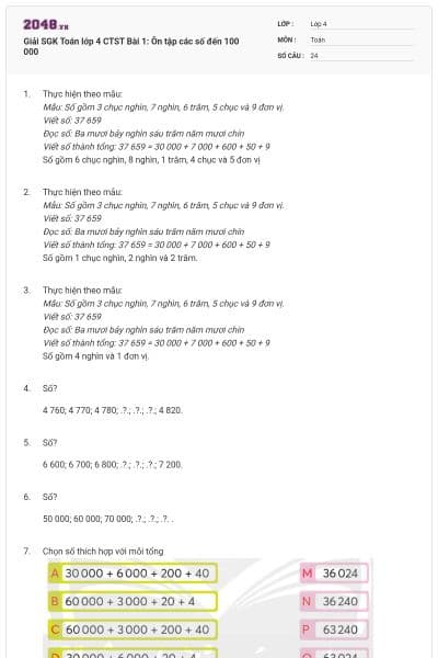 Giải SGK Toán lớp 4 CTST Bài 1: Ôn tập các số đến 100 000