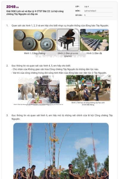Giải SGK Lịch sử và Địa Lý 4 CTST Bài 22: Lễ hội công chiêng Tây Nguyên có đáp án