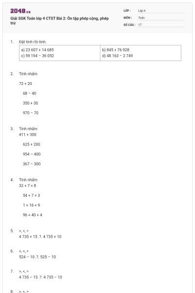 Giải SGK Toán lớp 4 CTST Bài 2: Ôn tập phép cộng, phép trừ