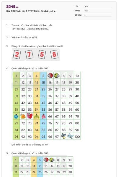 Giải SGK Toán lớp 4 CTST Bài 4: Số chẵn, số lẻ