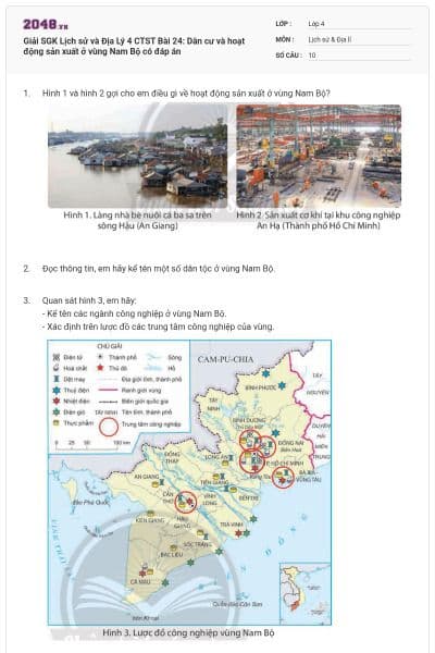 Giải SGK Lịch sử và Địa Lý 4 CTST Bài 24: Dân cư và hoạt động sản xuất ở  vùng Nam Bộ có đáp án