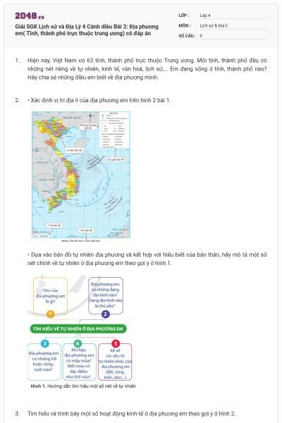 Giải SGK Lịch sử và Địa Lý 4 Cánh diều Bài 2: Địa phương em( Tỉnh, thành phố trực thuộc trung ương) có đáp án