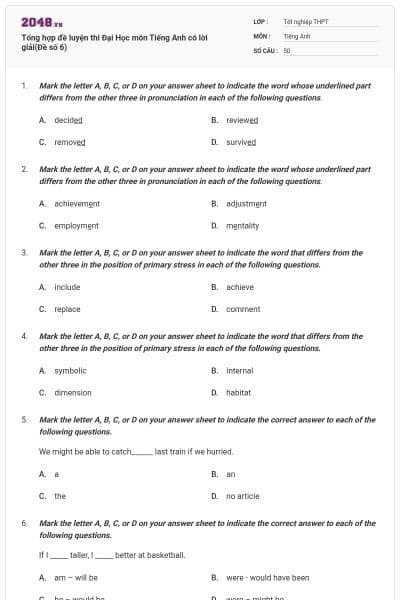 Tổng hợp đề luyện thi Đại Học môn Tiếng Anh có lời giải(Đề số 6)