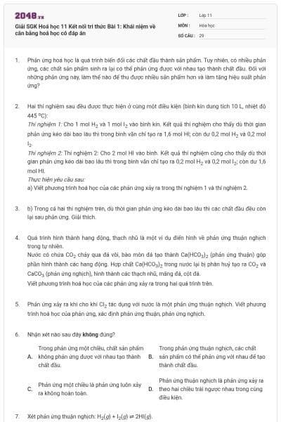 Giải SGK Hoá học 11 Kết nối tri thức Bài 1: Khái niệm về cân bằng hoá học có đáp án