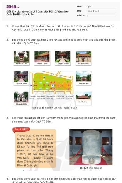 Giải SGK Lịch sử và Địa Lý 4 Cánh diều Bài 10: Văn miếu- Quốc Tử Giám có đáp án