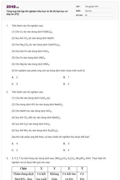 Tổng hợp bài tập thí nghiệm Hóa học từ đề thi Đại học có đáp án (P2)