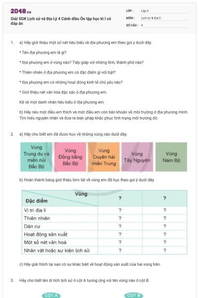 Giải SGK Lịch sử và Địa Lý 4 Cánh diều Ôn tập học kì I có đáp án