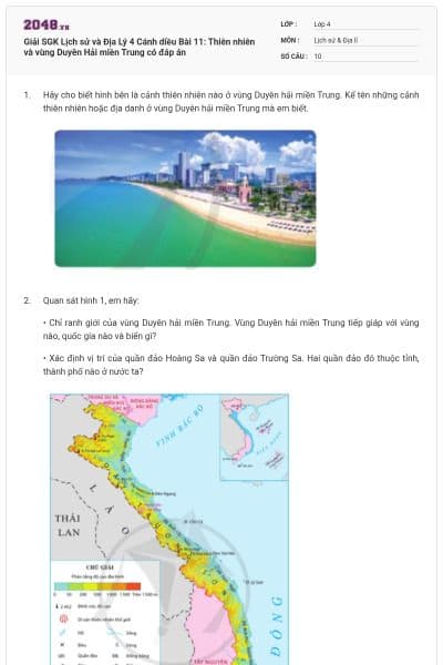 Giải SGK Lịch sử và Địa Lý 4 Cánh diều Bài 11: Thiên nhiên và vùng Duyên Hải miền Trung có đáp án
