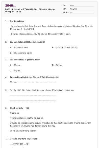 Bộ 22 đề thi cuối kì 2 Tiếng Việt lớp 1 Chân trời sáng tạo có đáp án - Đề 11