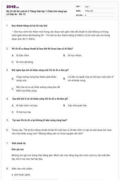 Bộ 22 đề thi cuối kì 2 Tiếng Việt lớp 1 Chân trời sáng tạo có đáp án - Đề 12
