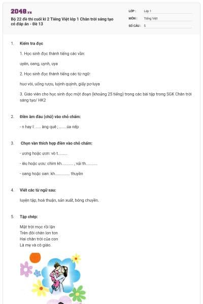 Bộ 22 đề thi cuối kì 2 Tiếng Việt lớp 1 Chân trời sáng tạo có đáp án - Đề 13