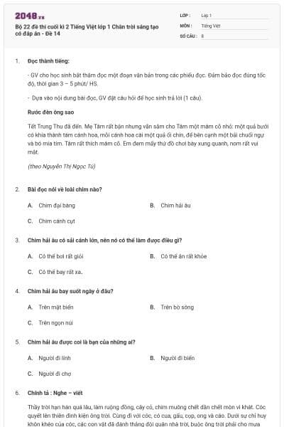 Bộ 22 đề thi cuối kì 2 Tiếng Việt lớp 1 Chân trời sáng tạo có đáp án - Đề 14