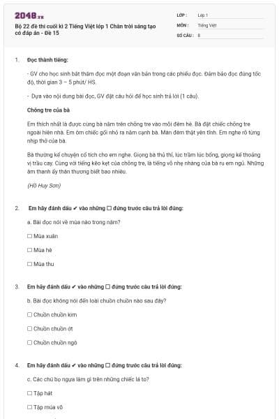 Bộ 22 đề thi cuối kì 2 Tiếng Việt lớp 1 Chân trời sáng tạo có đáp án - Đề 15