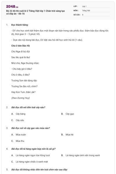 Bộ 22 đề thi cuối kì 2 Tiếng Việt lớp 1 Chân trời sáng tạo có đáp án - Đề 16
