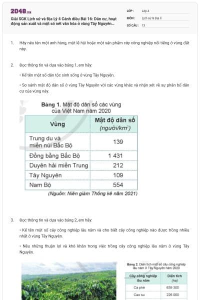 Giải SGK Lịch sử và Địa Lý 4 Cánh diều Bài 16: Dân cư, hoạt động sản xuất và một số nét văn hóa ở vùng Tây Nguyên có đáp án