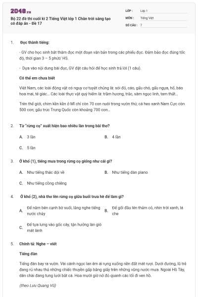 Bộ 22 đề thi cuối kì 2 Tiếng Việt lớp 1 Chân trời sáng tạo có đáp án - Đề 17