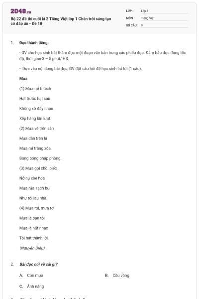 Bộ 22 đề thi cuối kì 2 Tiếng Việt lớp 1 Chân trời sáng tạo có đáp án - Đề 18