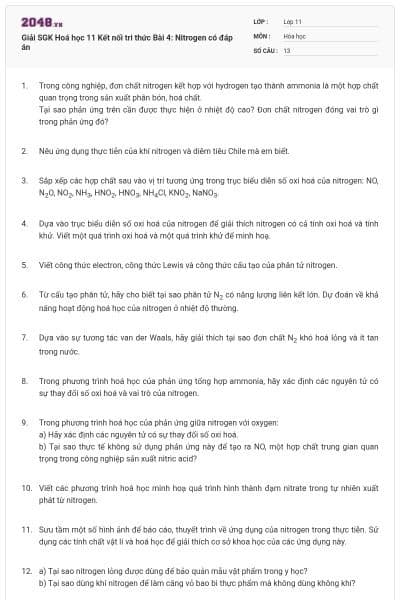 Giải SGK Hoá học 11 Kết nối tri thức Bài 4: Nitrogen có đáp án
