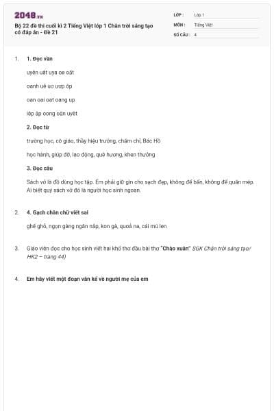 Bộ 22 đề thi cuối kì 2 Tiếng Việt lớp 1 Chân trời sáng tạo có đáp án - Đề 21