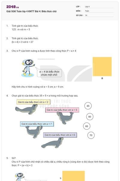 Giải SGK Toán lớp 4 KNTT Bài 4: Biểu thức chữ