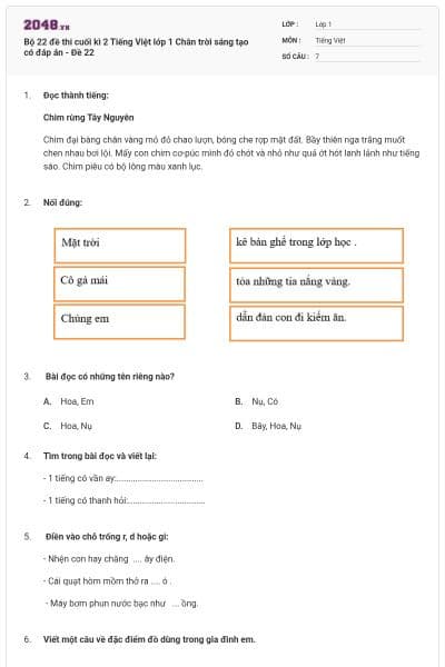 Bộ 22 đề thi cuối kì 2 Tiếng Việt lớp 1 Chân trời sáng tạo có đáp án - Đề 22