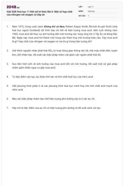 Giải SGK Hoá học 11 Kết nối tri thức Bài 6: Một số hợp chất của nitrogen với oxygen có đáp án
