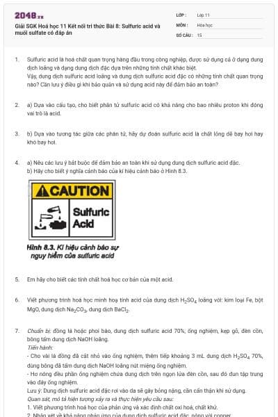 Giải SGK Hoá học 11 Kết nối tri thức Bài 8: Sulfuric acid và muối sulfate có đáp án