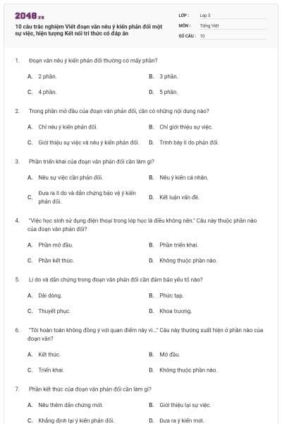 10 câu trắc nghiệm Viết đoạn văn nêu ý kiến phản đối một sự việc, hiện tượng Kết nối tri thức có đáp án