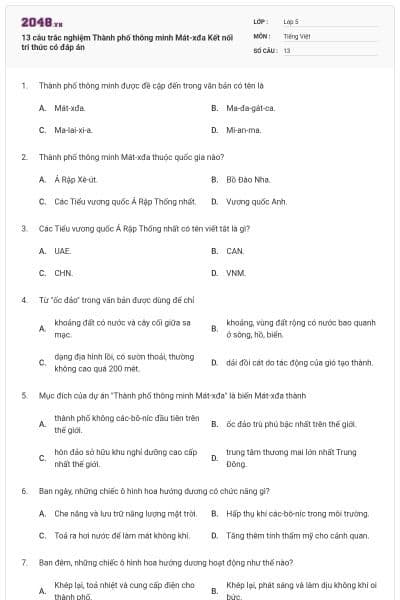 13 câu trắc nghiệm Thành phố thông minh Mát-xđa Kết nối tri thức có đáp án