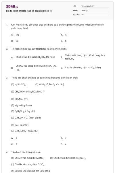 Bộ đề luyện thi Hóa Học có đáp án (Đề số 1)