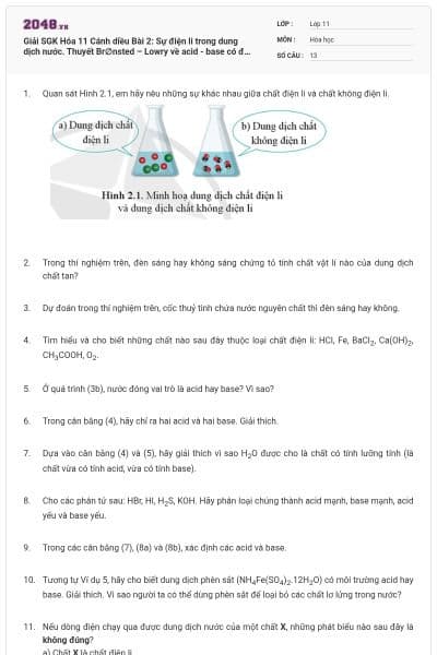 Giải SGK Hóa 11 Cánh diều Bài 2: Sự điện li trong dung dịch nước. Thuyết Br∅nsted – Lowry về acid - base có đáp an