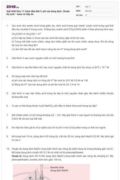 Giải SGK Hóa 11 Cánh diều Bài 3: pH của dung dịch. Chuẩn độ acid – base có đáp án
