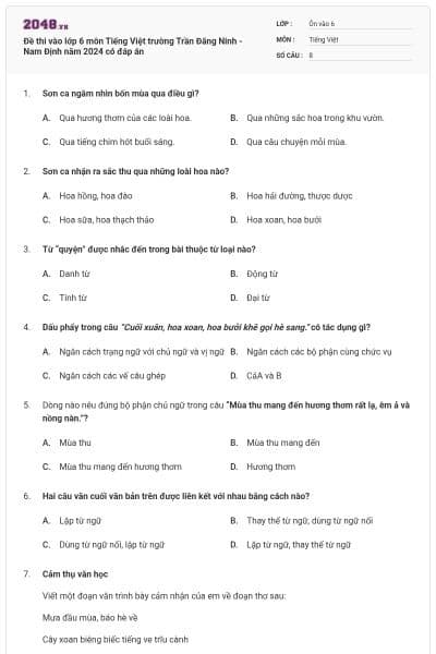 Đề thi vào lớp 6 môn Tiếng Việt trường Trần Đăng Ninh - Nam Định năm 2024 có đáp án