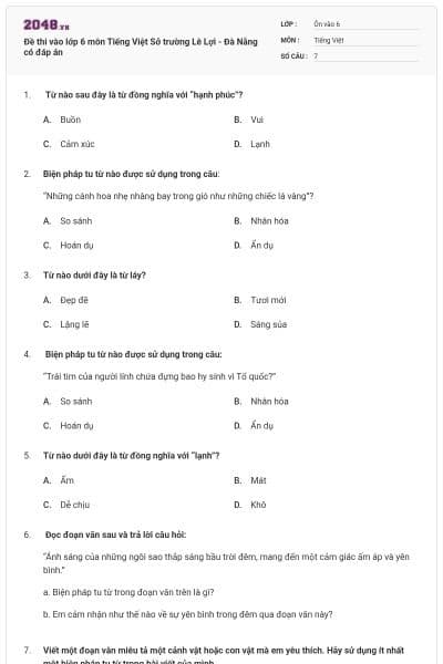 Đề thi vào lớp 6 môn Tiếng Việt Sở trường Lê Lợi -  Đà Nẵng có đáp án