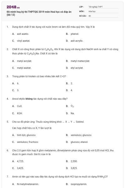 Đề minh hoạ kỳ thi THPTQG 2019 môn Hoá học có đáp án (Đề 13)