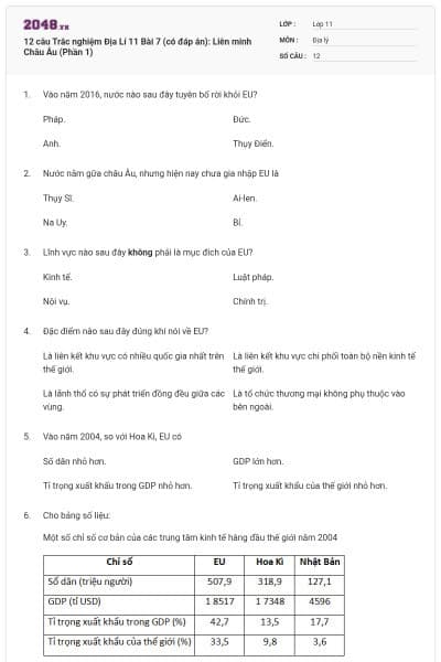 12 câu Trắc nghiệm Địa Lí 11 Bài 7 (có đáp án): Liên minh Châu Âu (Phần 1)