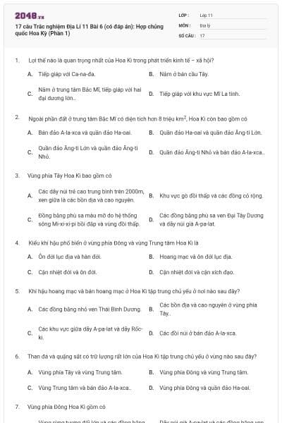 17 câu  Trắc nghiệm Địa Lí 11 Bài 6 (có đáp án): Hợp chủng quốc Hoa Kỳ (Phần 1)