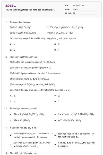 500 bài tập lí thuyết Hóa Học nâng cao có lời giải (P1)