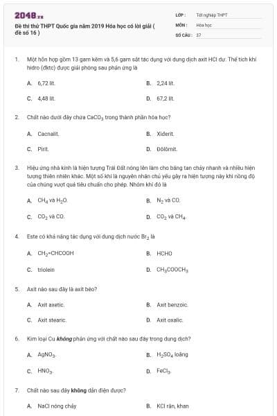 Đề thi thử THPT Quốc gia năm 2019 Hóa học có lời giải ( đề số 16 )