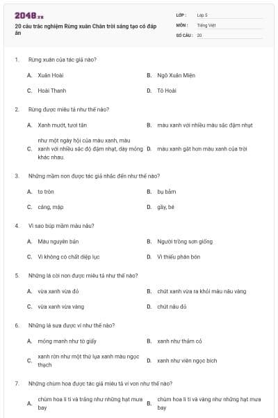 20 câu trắc nghiệm Rừng xuân Chân trời sáng tạo có đáp án