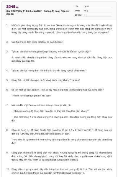 Giải SGK Vật lý 11 Cánh diều Bài 1. Cường độ dòng điện có đáp án