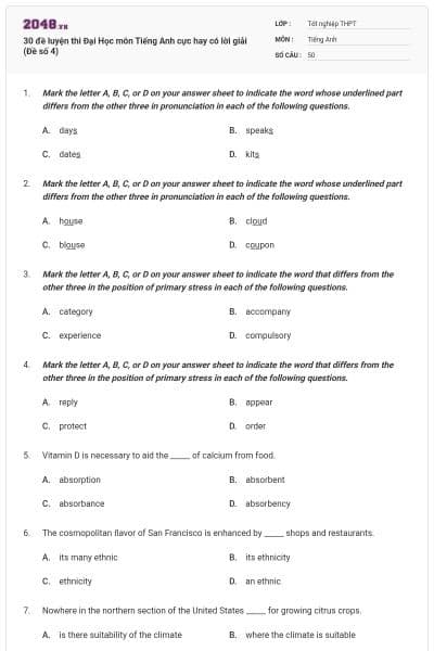 30 đề luyện thi Đại Học môn Tiếng Anh cực hay có lời giải (Đề số 4)
