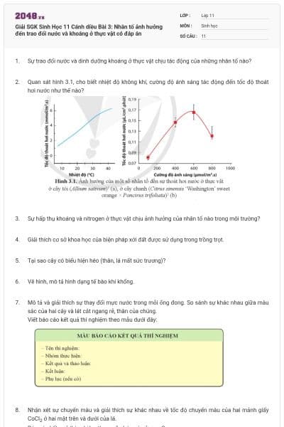 Giải SGK Sinh Học 11 Cánh diều Bài 3: Nhân tố ảnh hưởng đến trao đổi nước và khoáng ở thực vật có đáp án