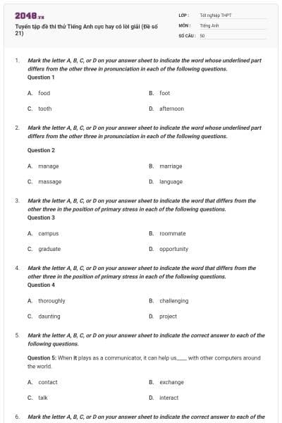 Tuyển tập đề thi thử Tiếng Anh cực hay có lời giải (Đề số 21)