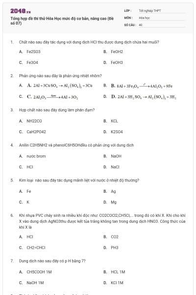 Tổng hợp đề thi thử Hóa Học mức độ cơ bản, nâng cao (Đề số 07)
