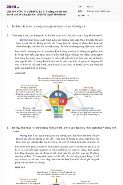 Giải SGK KTPL 11 Cánh Diều Bài 7: ý tưởng, cơ hội kinh doanh và Các năng lực cần thiết của người kinh doanh
