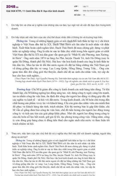 Giải SGK KTPL 11 Cánh Diều Bài 8: Đạo đức kinh doanh