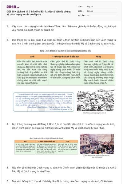 Giải SGK Lịch sử 11 Cánh diều Bài 1: Một số vấn đề chung về cách mạng tư sản có đáp án
